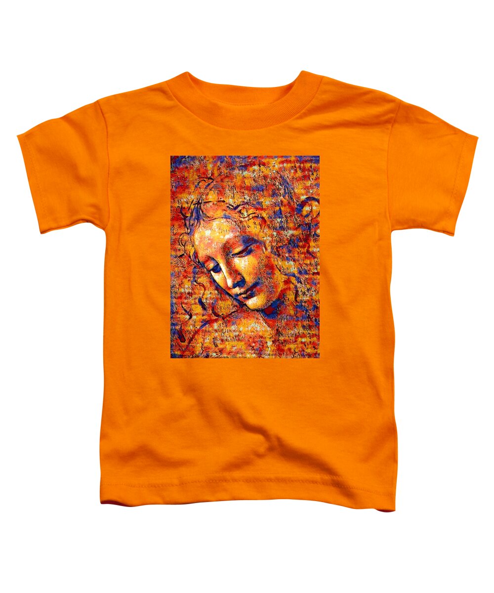 La Scapigliata Toddler T-Shirt featuring the digital art La Scapigliata, 'The Lady with Dishevelled Hair', by Leonardo da Vinci - colorful dark orange by Nicko Prints