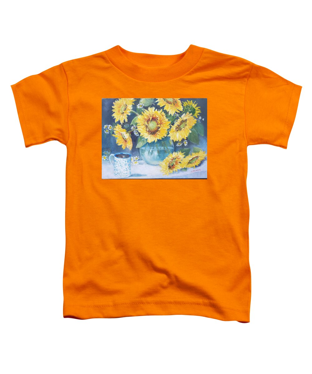 Sunflowers Autumn Coffee Harvest Toddler T-Shirt featuring the painting Mama's Cup with Sunflowers by ML McCormick