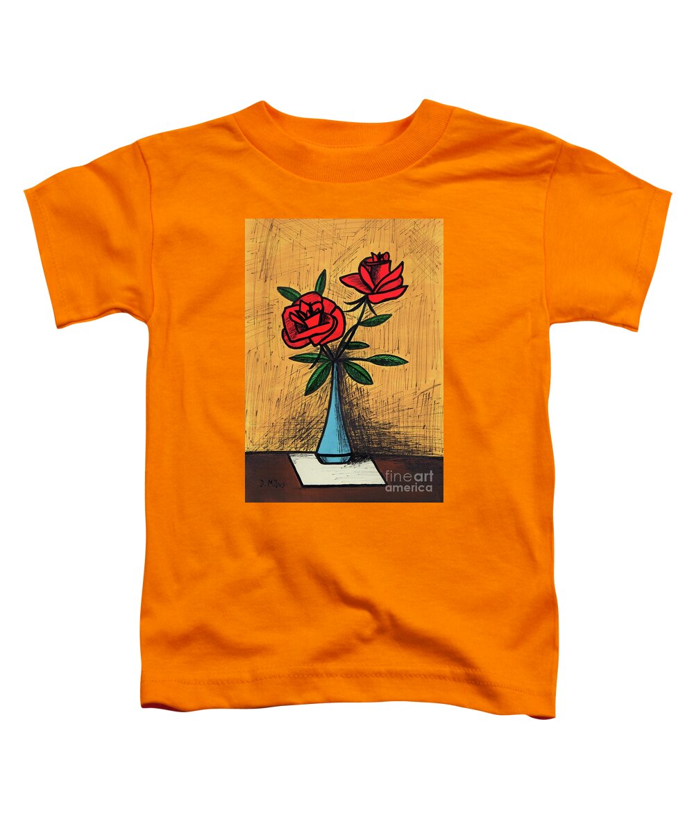 Mid Century Modern Still Life Toddler T-Shirt featuring the painting Mid Century Blue Vase with Red Roses Still Life by Donna Mibus