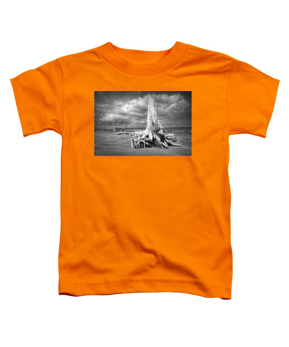 Clouds Toddler T-Shirt featuring the photograph On Driftwood Beach at Low Tide Black and White by Debra and Dave Vanderlaan