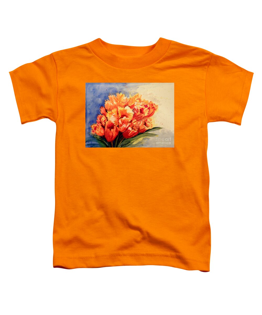 Orange Toddler T-Shirt featuring the painting Parrot tulips by Sonia Mocnik