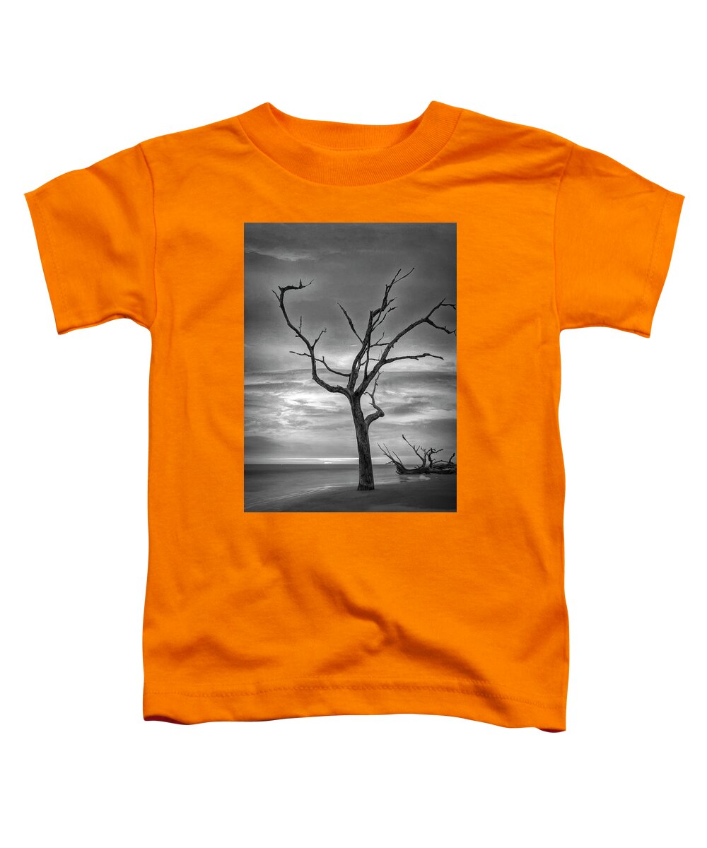 Clouds Toddler T-Shirt featuring the photograph Standing Alone on Jekyll Island Driftwood Beach Black and White by Debra and Dave Vanderlaan