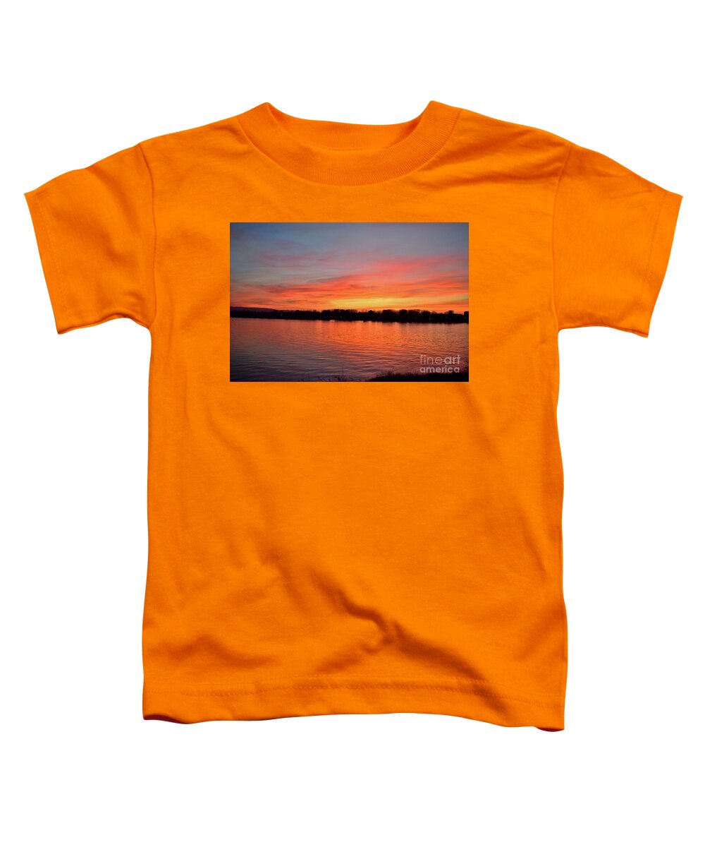 Nature Toddler T-Shirt featuring the photograph Sunset draped in vermilion over the river by Leonida Arte