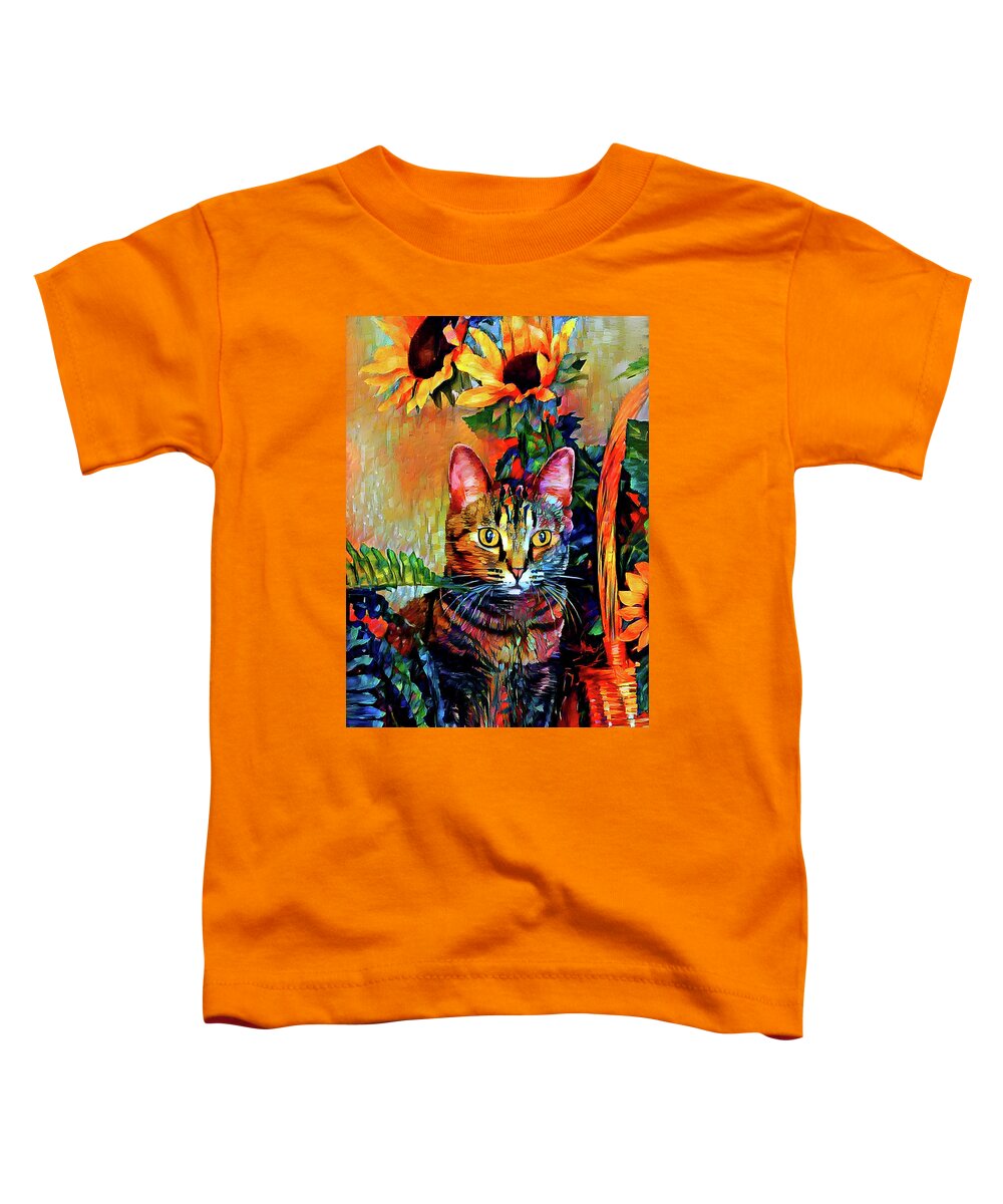 Bengal Cat Toddler T-Shirt featuring the digital art Bengal Tabby Cat with Sunflowers - Pepper by Peggy Collins