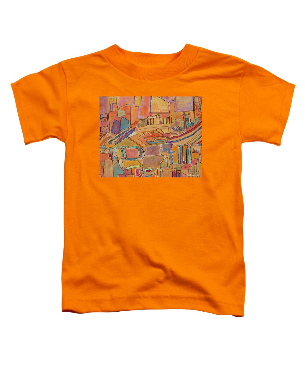 Ellen Palestrant Toddler T-Shirt featuring the painting Tangerine City by Ellen Palestrant