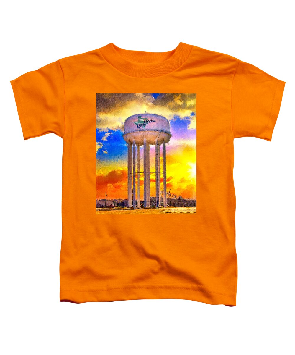 Water Tower Toddler T-Shirt featuring the digital art The water tower near State Highway 161 at sunset, Grand Prairie, Texas by Nicko Prints