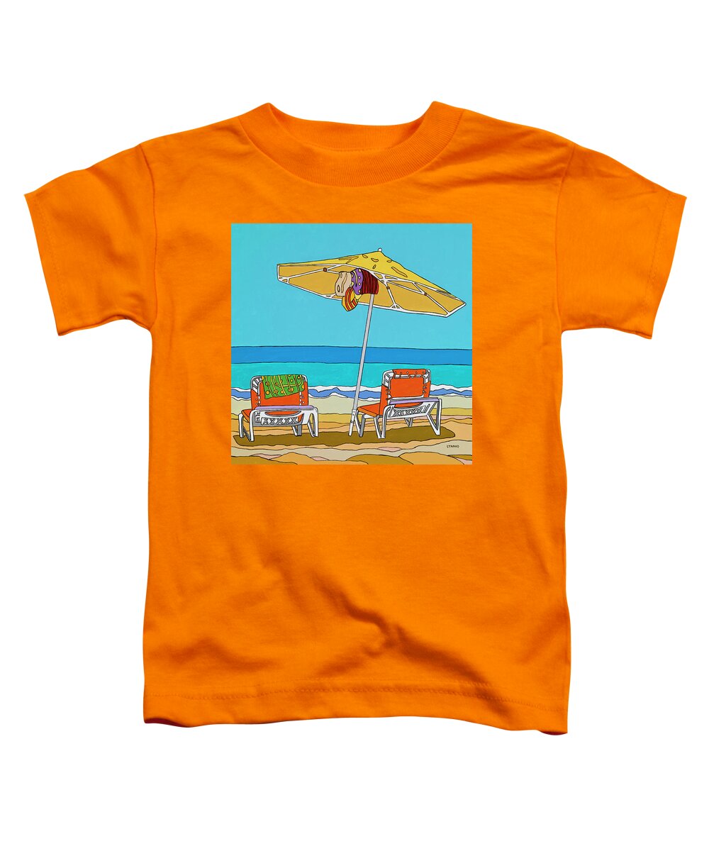 Beach Chairs Sand Ocean Water Summer Umbrella Toddler T-Shirt featuring the painting The yellow umbrella by Mike Stanko