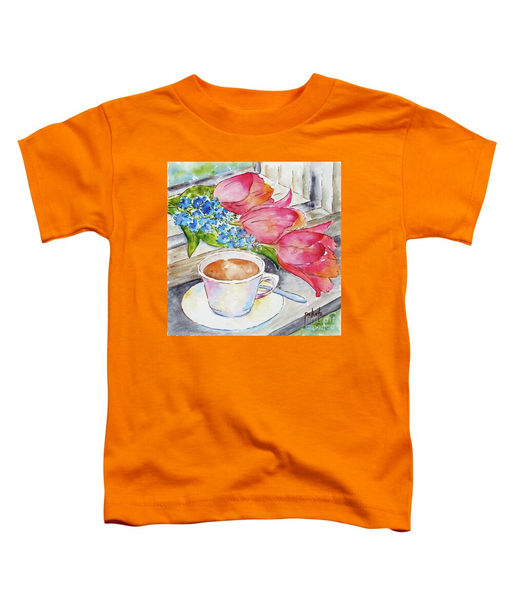 Coffee Signs Toddler T-Shirt featuring the painting Tulips On The Windowsill by Pat Katz