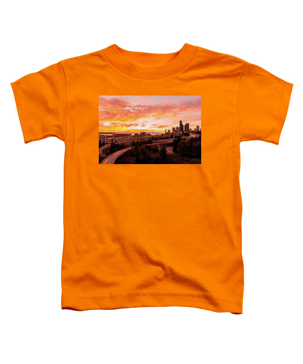 Outdoor; Sunset; Twilight; Seattle; Elliot; Stadium; Lumen; Olympic Mountains; Downtown; Highway; Colors; Clouds; Autumn; Fall; Pacific North West; Toddler T-Shirt featuring the digital art Twilight Seattle from Dr. Jose Rizal Bridge by Michael Lee