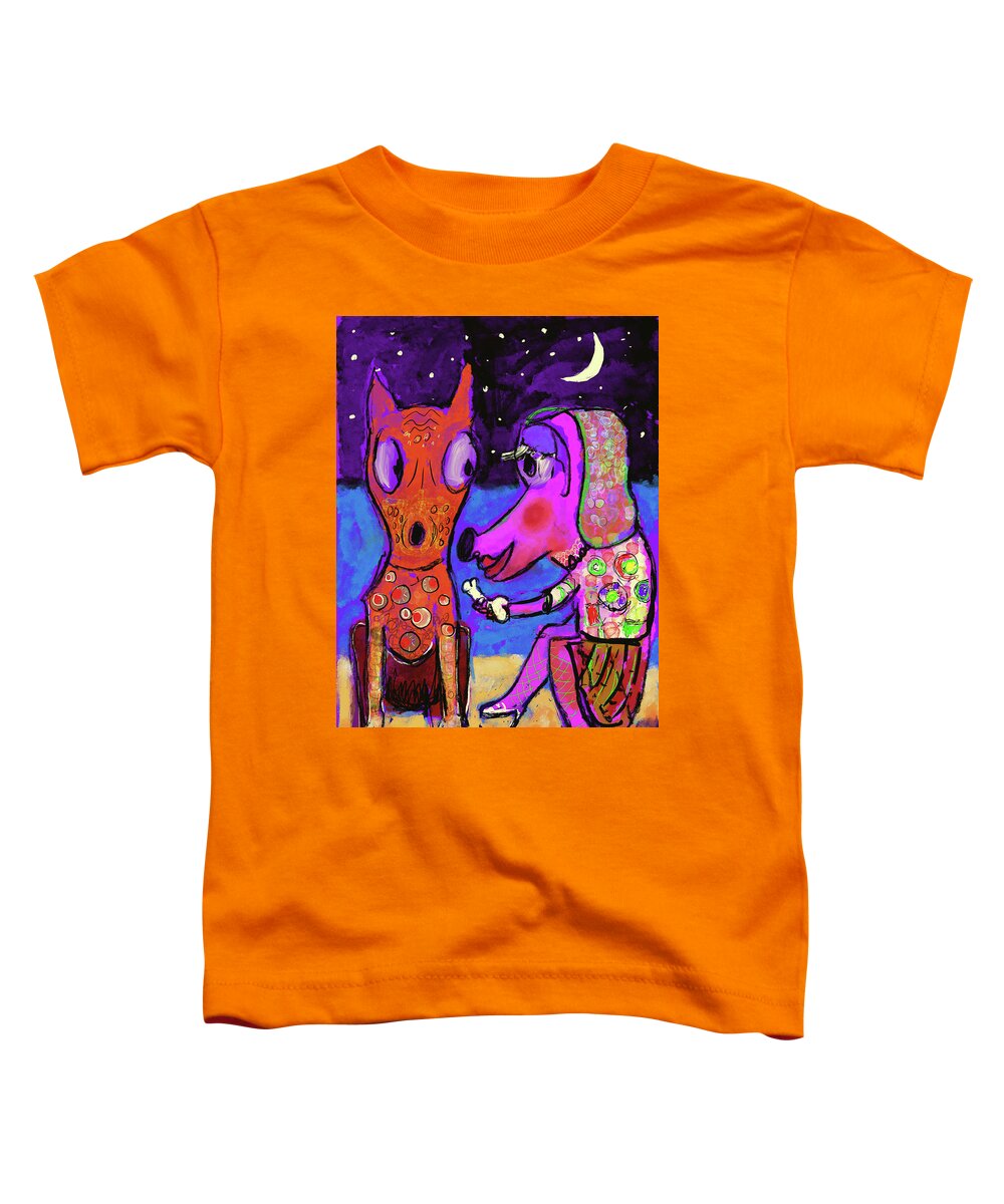1subject Toddler T-Shirt featuring the digital art Two dogs and a bone at the seaside by Jeremy Holton