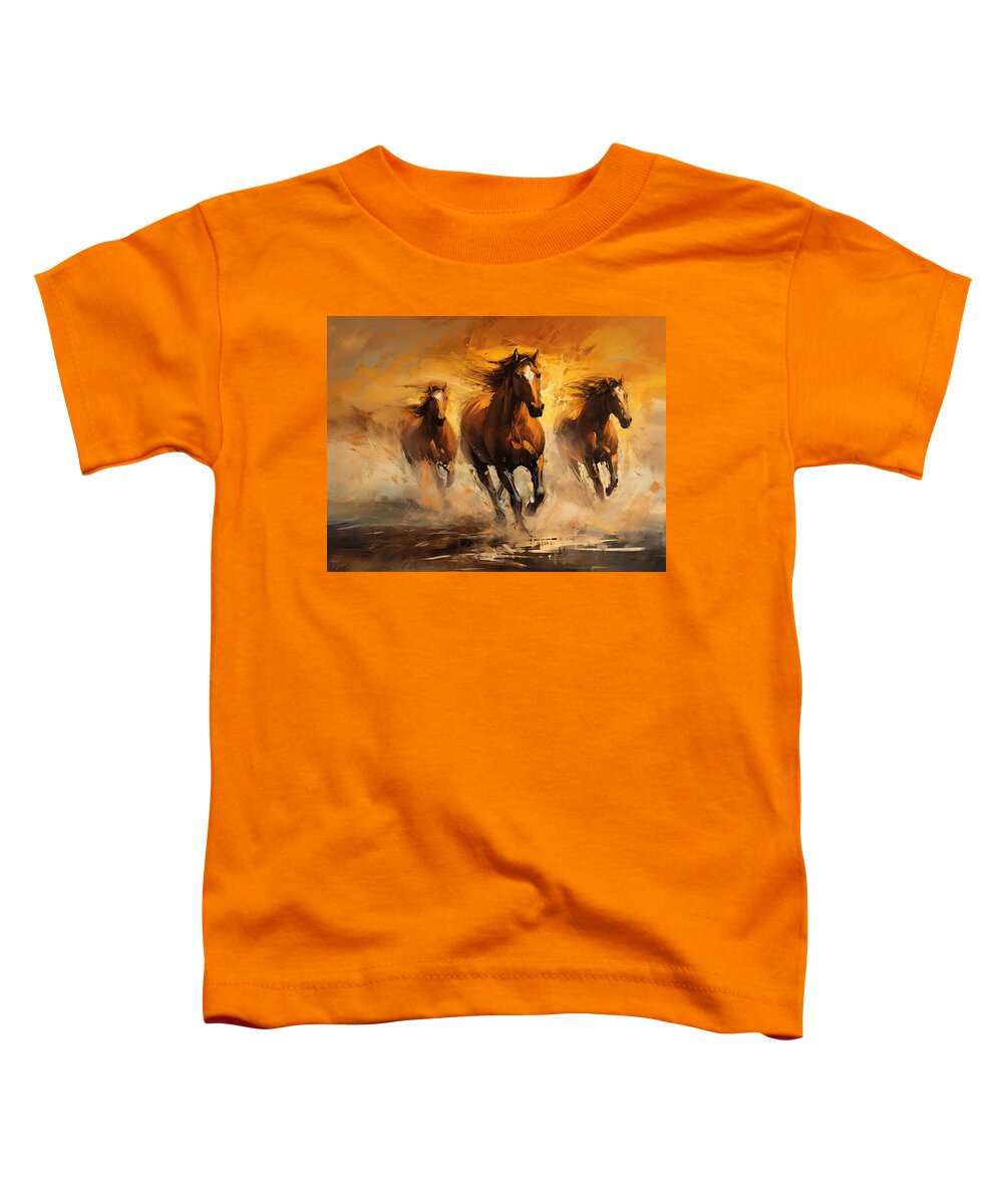 Horse Impressionist Toddler T-Shirt featuring the painting Wild Sunset - Horses at Sunset by Lourry Legarde
