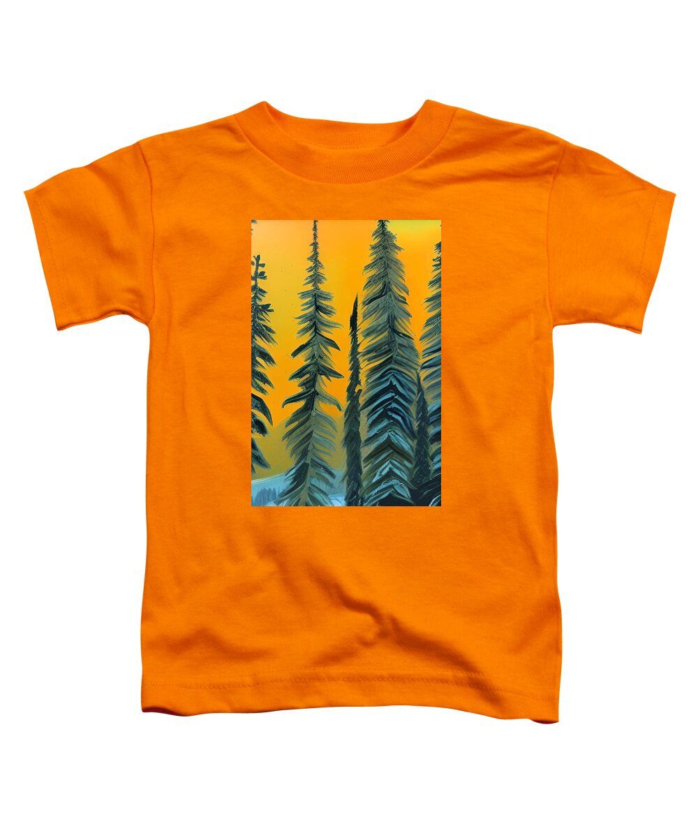 Evergreens Toddler T-Shirt featuring the painting Winter Evergreens at Daybreak by Bonnie Bruno