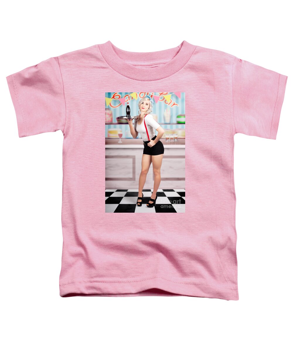 Retro Toddler T-Shirt featuring the photograph Pinup woman serving drinks at vintage candy bar #1 by Jorgo Photography