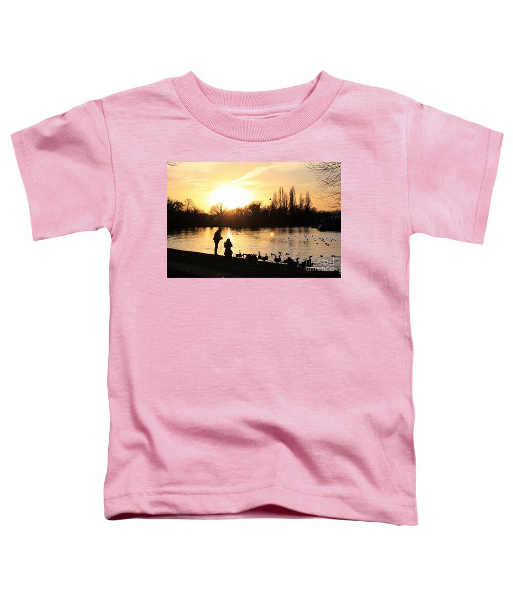 Sunset On The Thames At Walton Spectacular Surrey Uk Dusk Sky Twilight Trees Silhouette Orange Sun Set Down English England Branches Lone Ducks Swans Geese Duck Swan People Feeding Photographing Photographer Toddler T-Shirt featuring the photograph Sunset on the Thames at Walton #6 by Julia Gavin