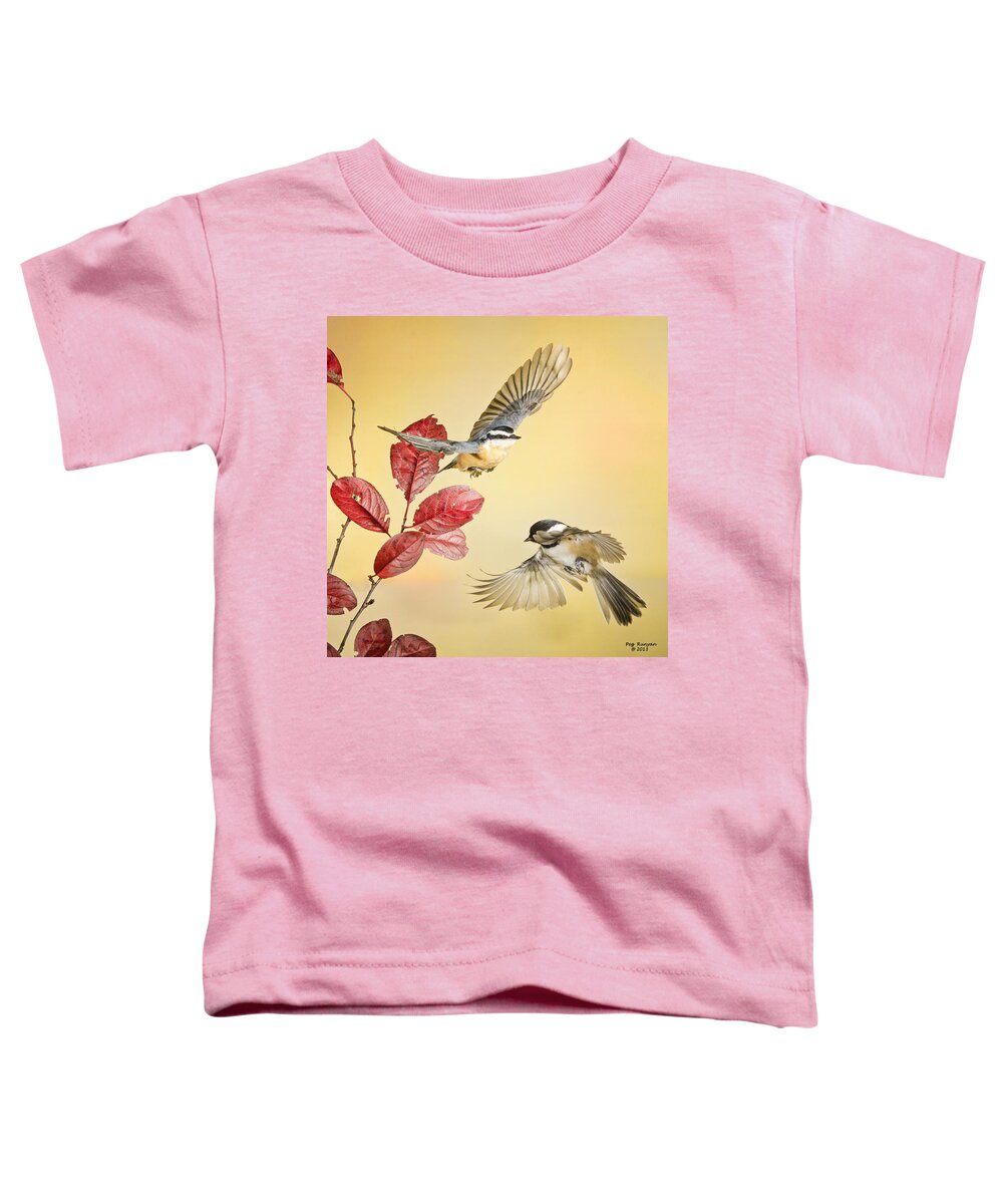 Red Breasted Nut Hatch Toddler T-Shirt featuring the photograph Backyard Bird Ballet by Peg Runyan