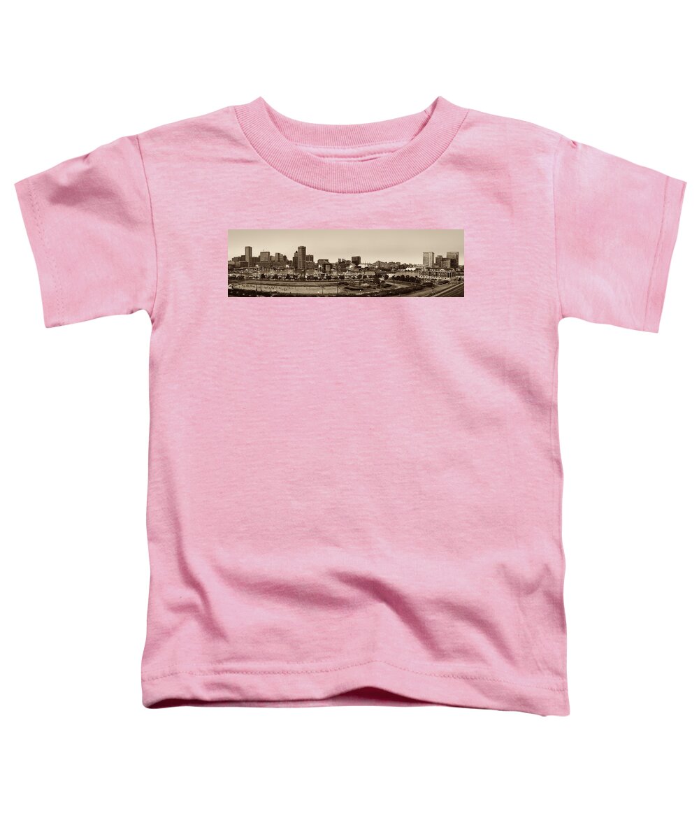 Baltimore Skyline Toddler T-Shirt featuring the photograph Baltimore Skyline Panorama In Sepia by Susan Candelario