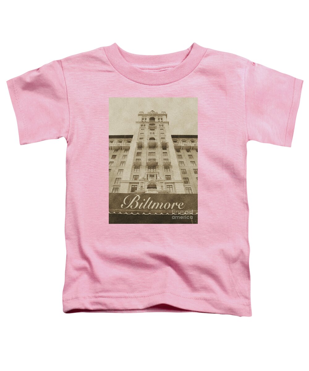 Biltmore Toddler T-Shirt featuring the digital art Biltmore Hotel Miami Coral Gables Florida Exterior Awning and Tower Vintage Digital Art by Shawn O'Brien