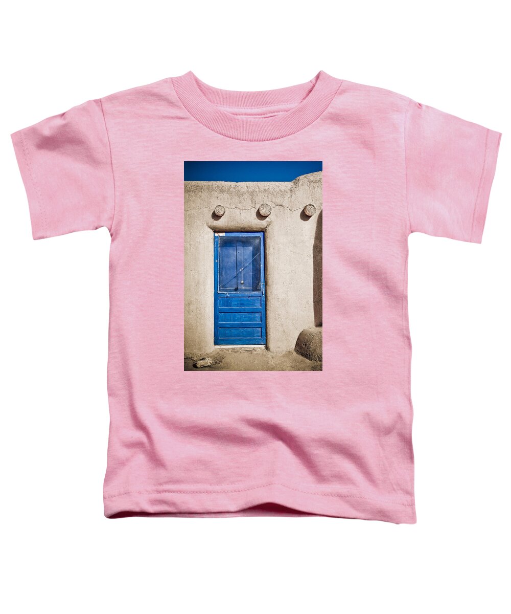 New Mexico Toddler T-Shirt featuring the photograph Blue Door and Bell Adobe by Marilyn Hunt