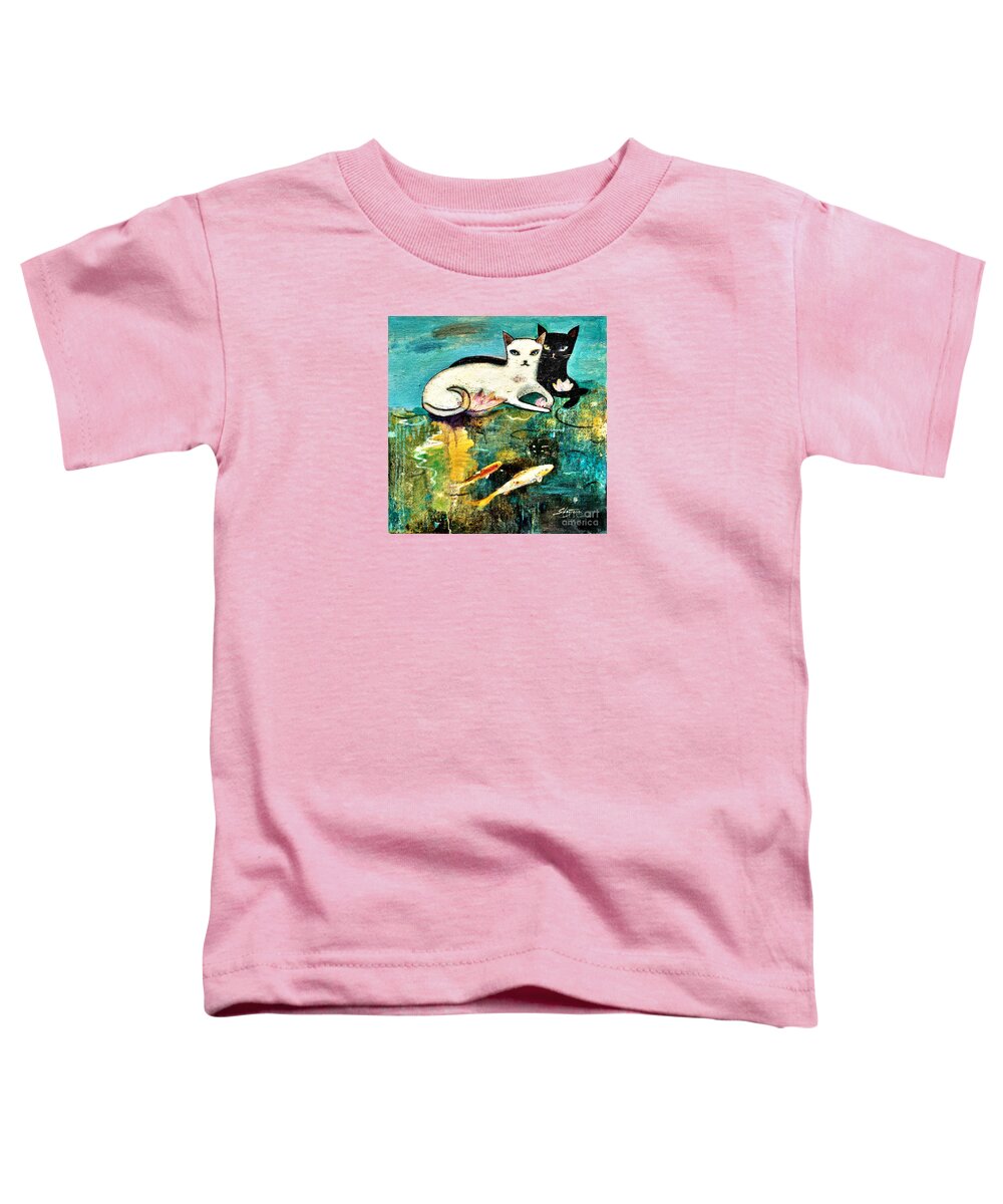 Black Cat Toddler T-Shirt featuring the painting Cats with koi by Shijun Munns