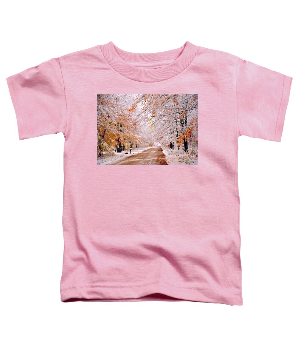 Snow Toddler T-Shirt featuring the photograph Snow in Autumn 3 by Terri Gostola