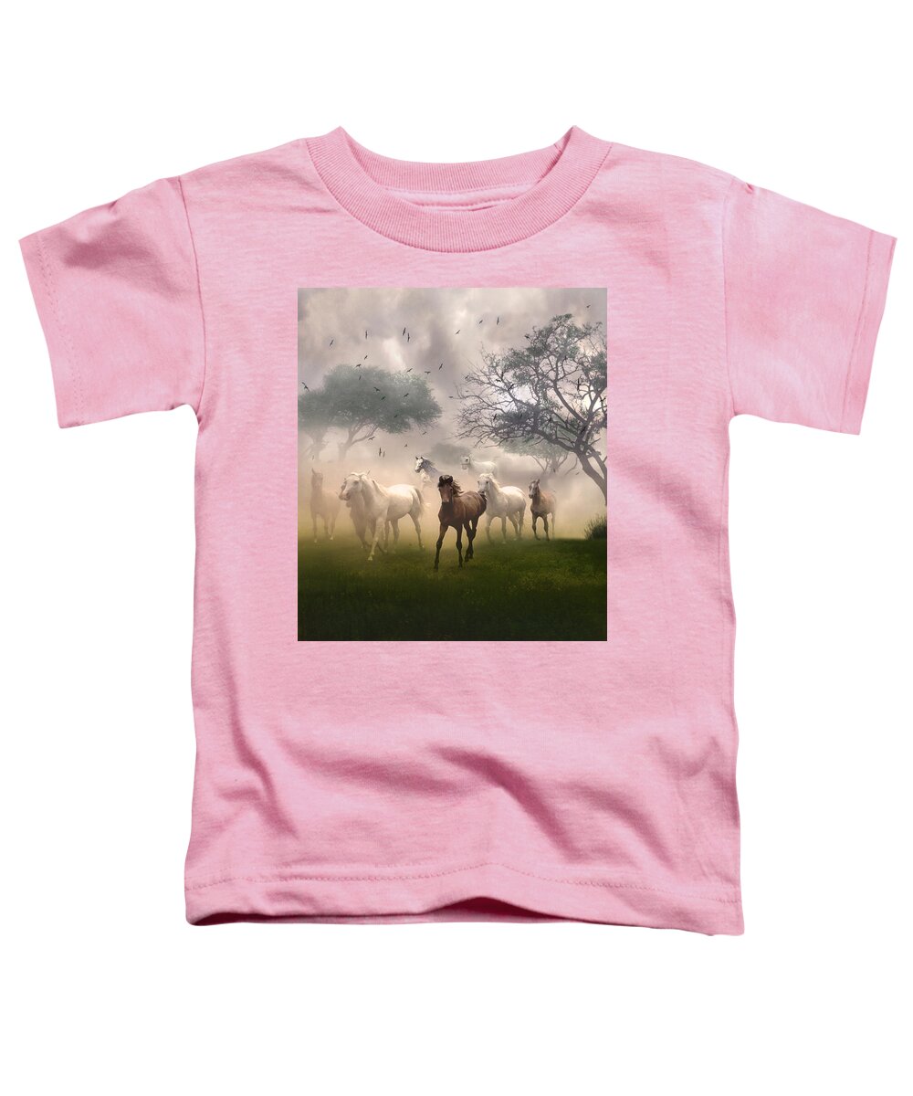Horses Toddler T-Shirt featuring the digital art Horses in the Mist by Nina Bradica