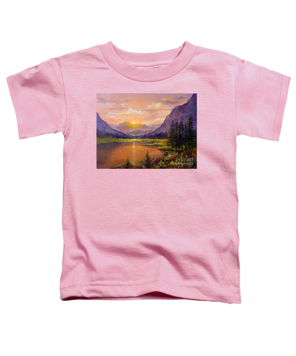 Mountains Toddler T-Shirt featuring the painting Mountain Lake Sunset by Lou Ann Bagnall
