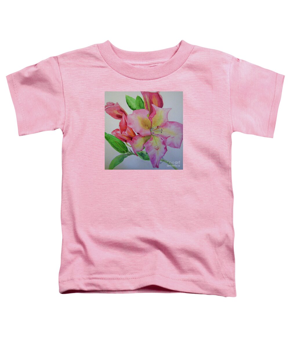 Pink Flower Toddler T-Shirt featuring the painting Rhodie with Dew I by Lynn Quinn