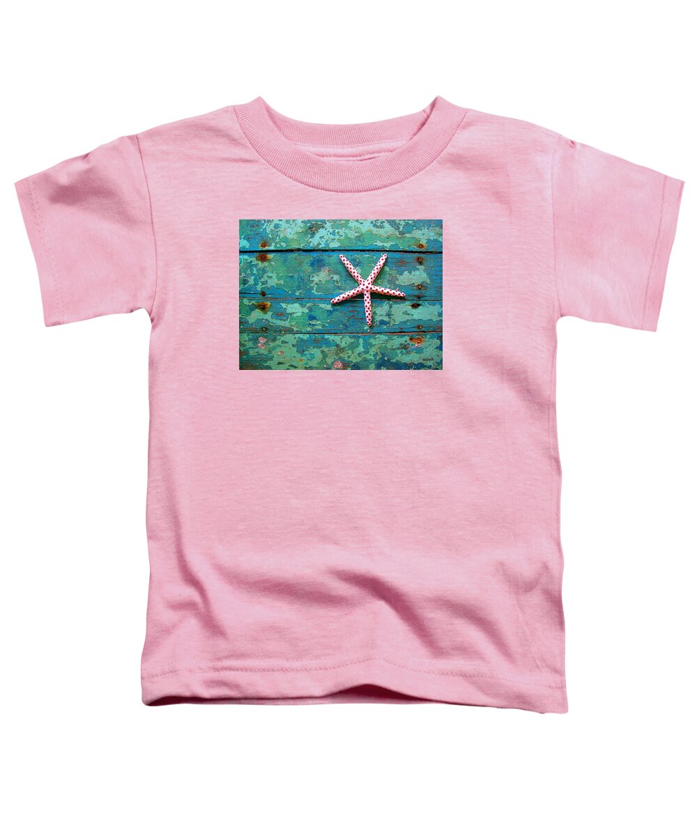 Seashore Toddler T-Shirt featuring the photograph Seashore Peeling Paint - Starfish and Turquoise by Rebecca Korpita