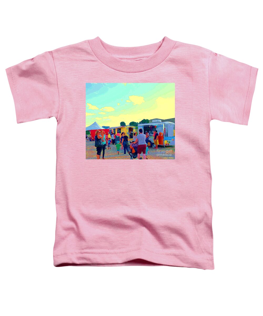 Food Truck Toddler T-Shirt featuring the painting Summer Family Fun Paintings Of Food Truck Art Roadside Eateries Dad Mom And Little Boy Cspandau by Carole Spandau