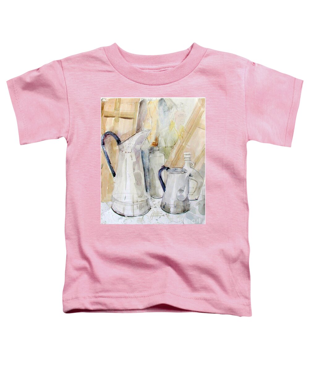 Greta Corens Watercolors Toddler T-Shirt featuring the painting Watercolor still life of white cans by Greta Corens
