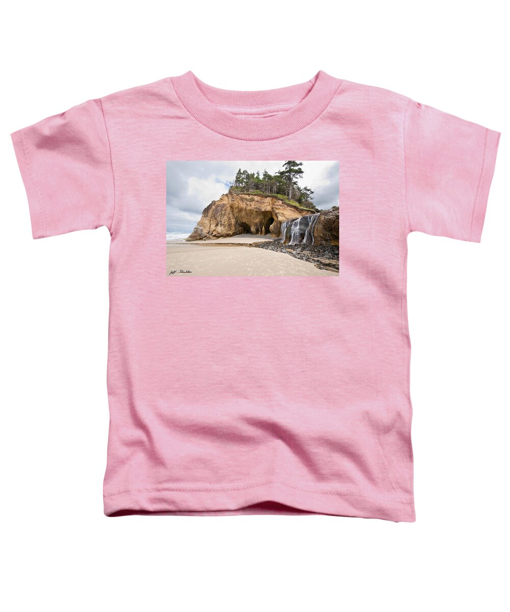 Beach Toddler T-Shirt featuring the photograph Waterfall Flowing into the Pacific Ocean by Jeff Goulden