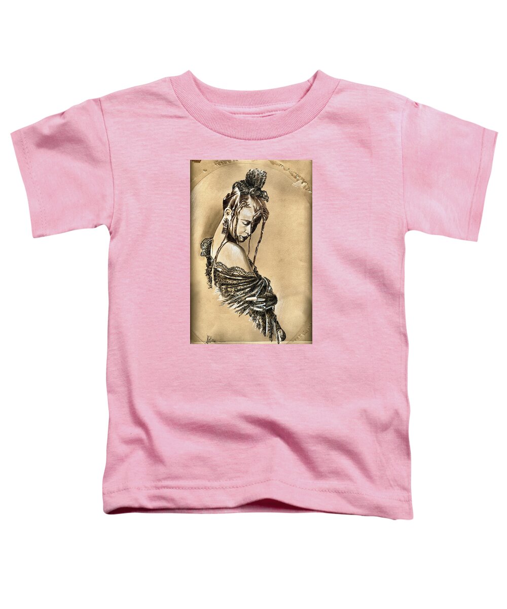 Portrait In Ink Toddler T-Shirt featuring the drawing Woman portrait - After the Party by Daliana Pacuraru