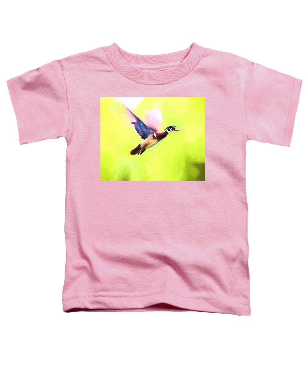 Wood Duck Toddler T-Shirt featuring the mixed media Wood Duck In Flight Art by Priya Ghose