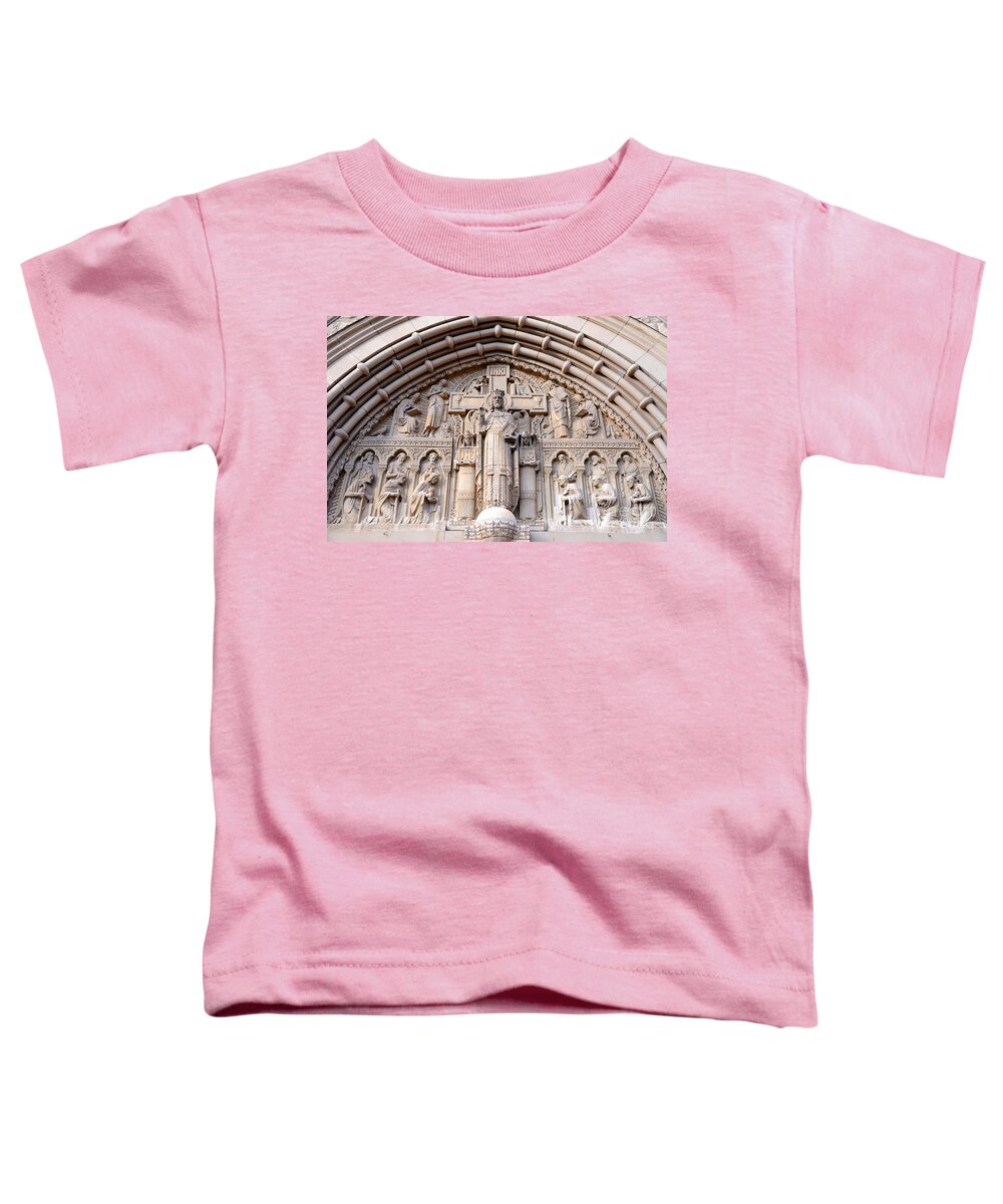 Carved Toddler T-Shirt featuring the photograph Carved Stone Biblical Mural Above Catholic Cathedral Doorway by Gary Whitton