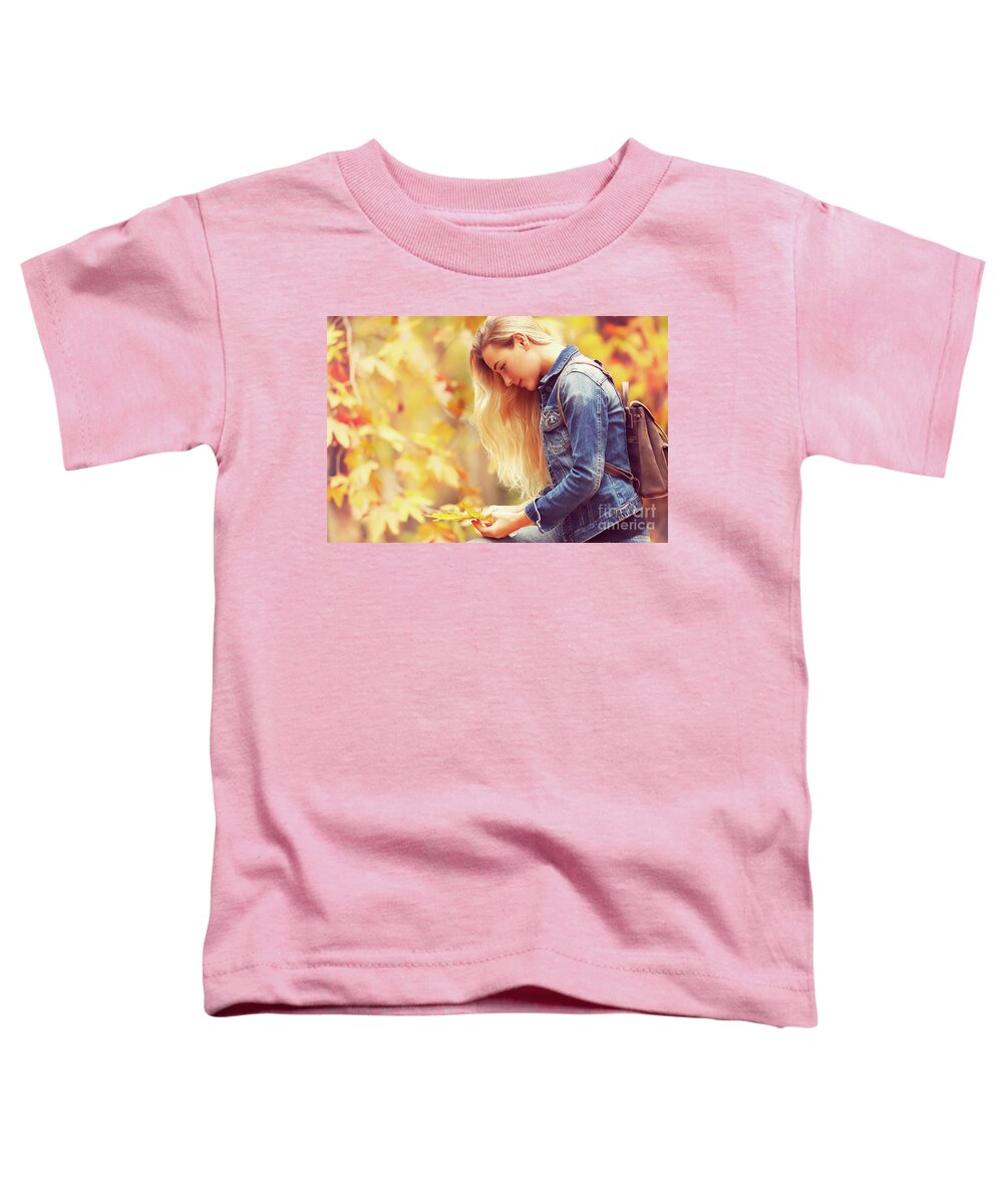 Autumn Toddler T-Shirt featuring the photograph Beautiful model in autumn park #1 by Anna Om