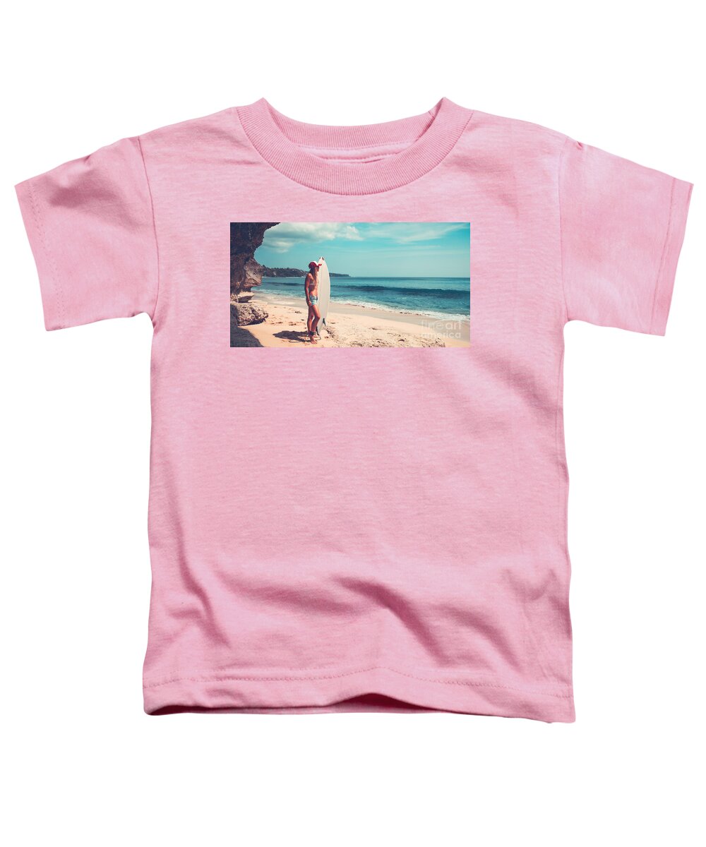 Active Toddler T-Shirt featuring the photograph Sportive woman with surfboard #1 by Anna Om