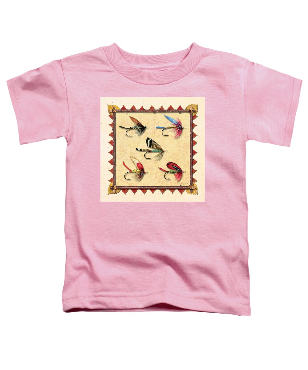 Jon Q Wright Jq Licensing Trout Fly Flyfishing Brown Trout Rainbow Trout Brook Trout Cutthroat Trout Fishing Lodge Cabin Toddler T-Shirt featuring the painting Antique Fly Panel Creme by JQ Licensing