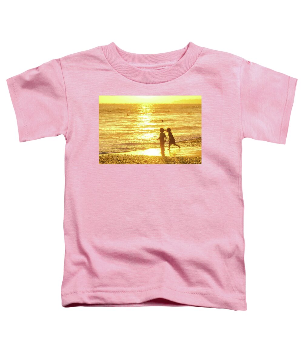 Beach Toddler T-Shirt featuring the digital art Betchya I Can Throw It Farther Beach Watercolor by Scott Campbell