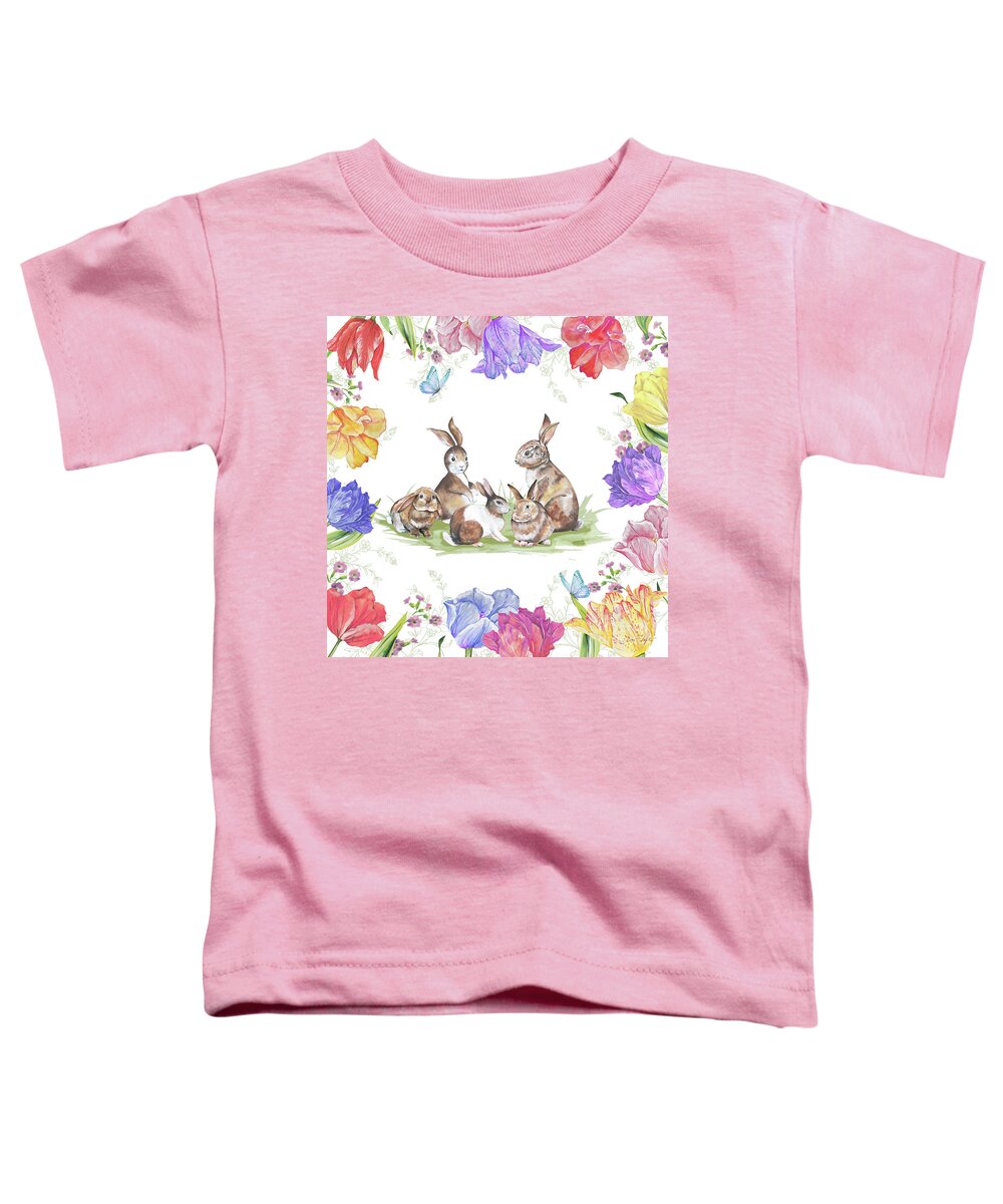 Bunny Toddler T-Shirt featuring the painting Bunnies In The Tulips-A by Jean Plout