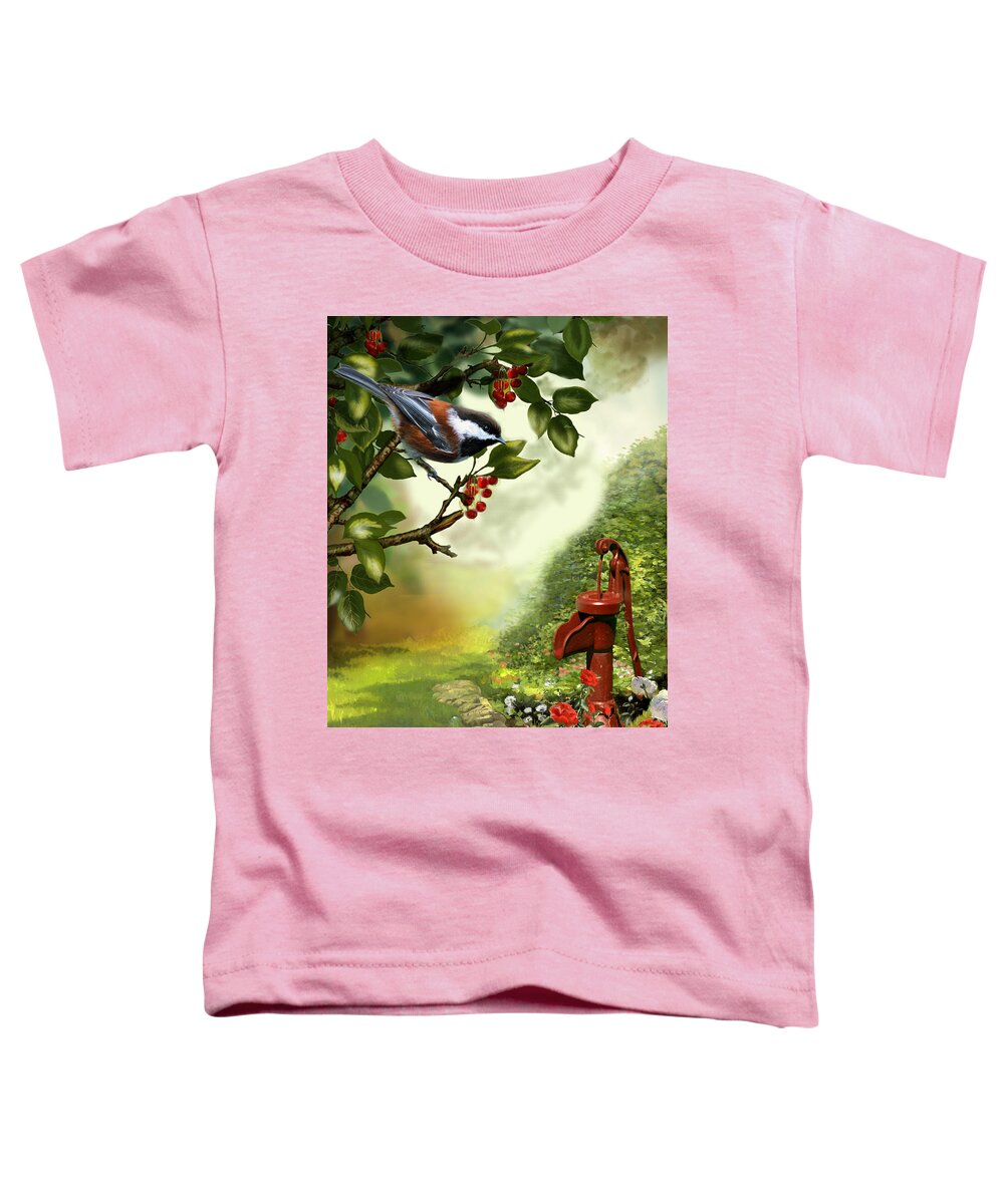 Chickadee With Water Pump Garden Print Toddler T-Shirt featuring the painting Chickadee visiting the water pump by Regina Femrite
