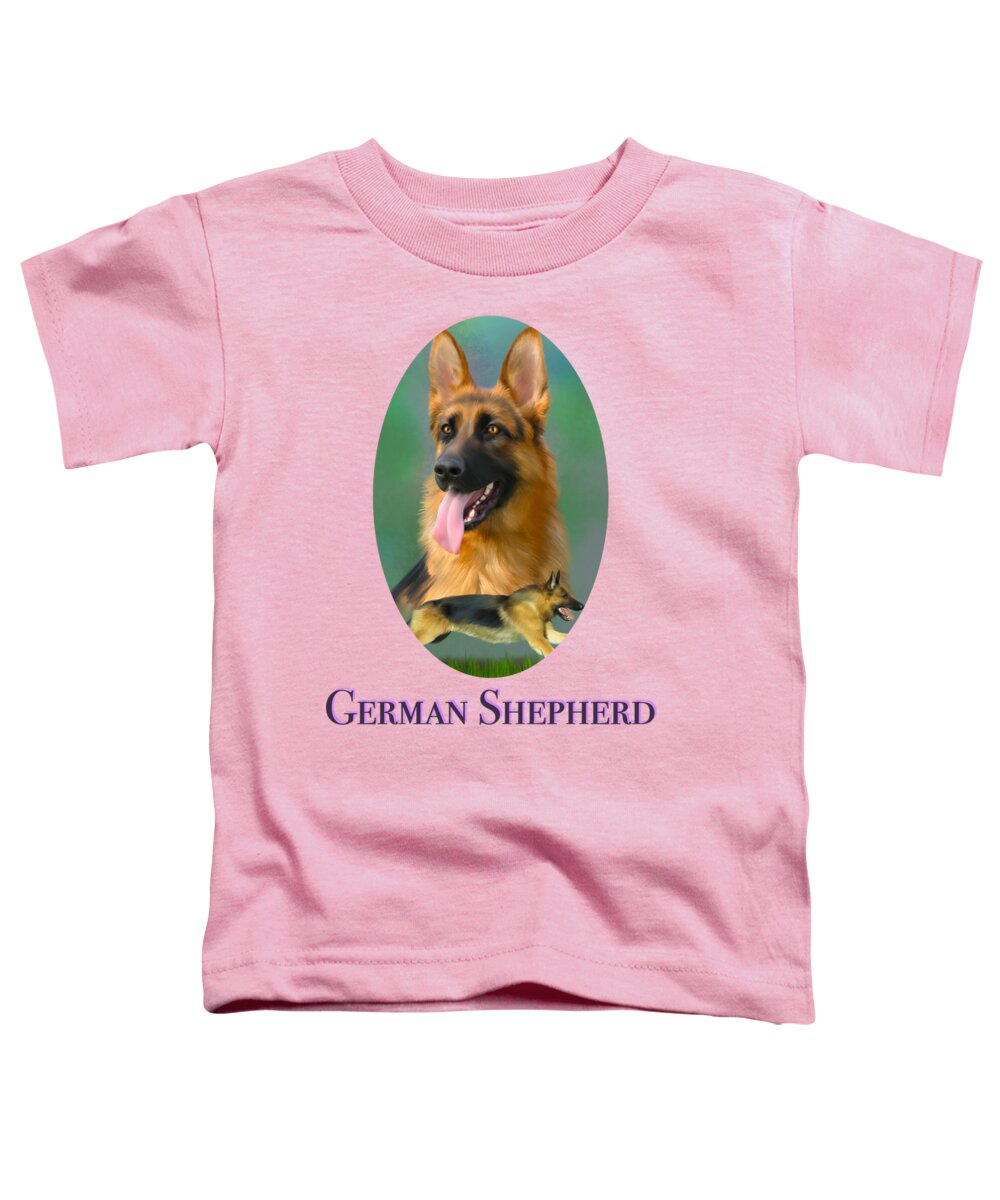 German Shepherd Toddler T-Shirt featuring the painting German Shepherd with Name Logo by Becky Herrera