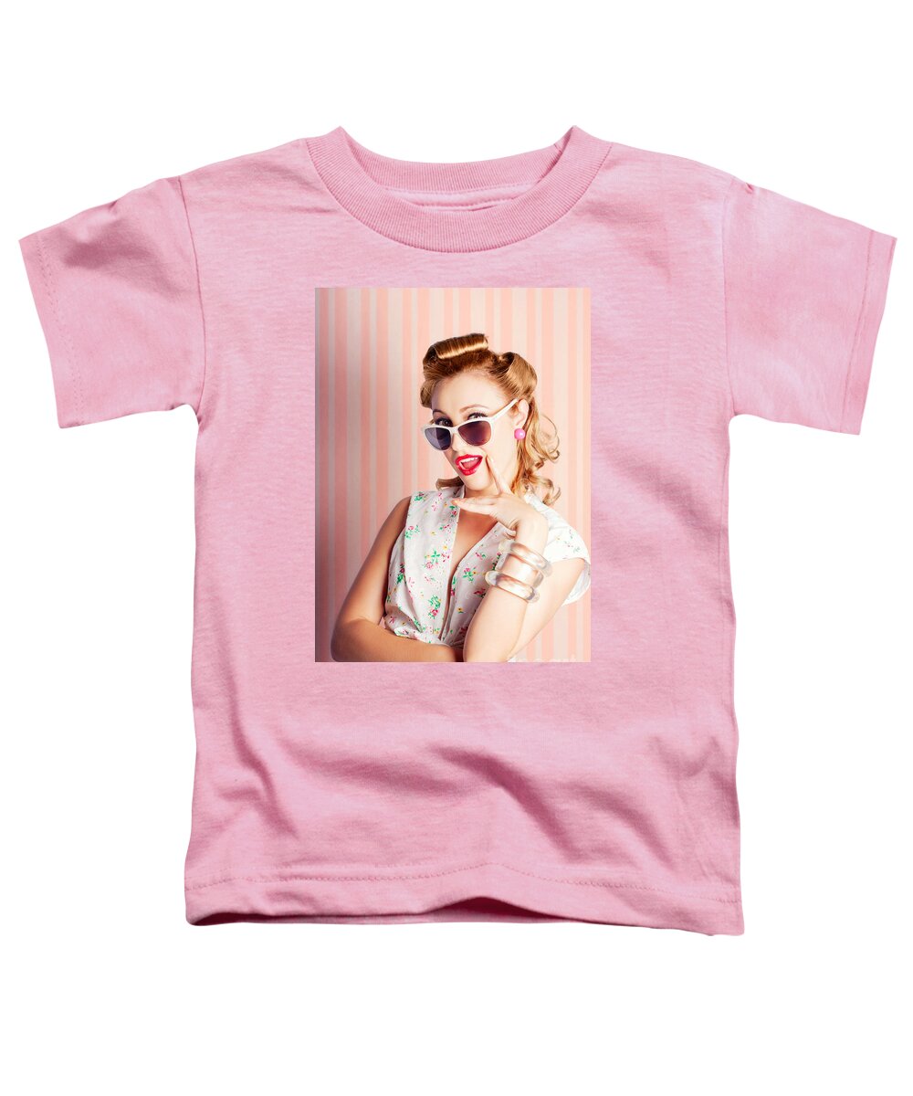Retro Toddler T-Shirt featuring the photograph Glamorous Retro Blonde Girl Thinking Fashion Ideas by Jorgo Photography