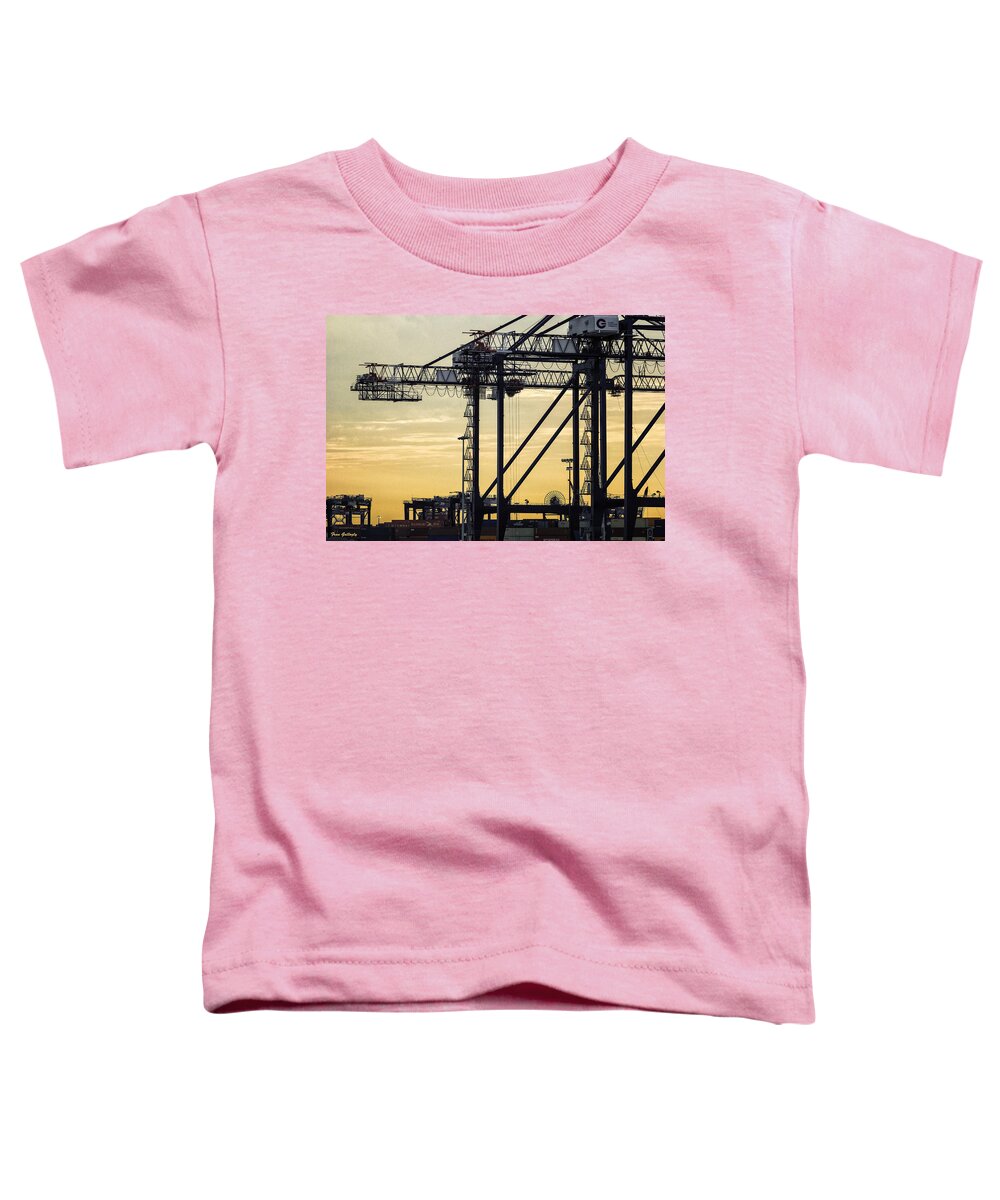 Cranes Toddler T-Shirt featuring the photograph Harbor Cranes at Sunset by Fran Gallogly