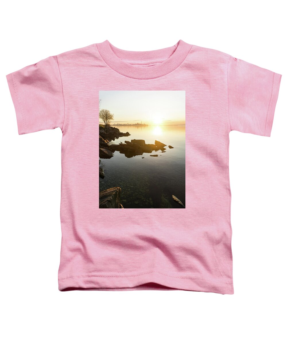 Georgia Mizuleva Toddler T-Shirt featuring the photograph High Key Sunrise - Calm and Crystal Clear on the Shore of Lake Ontario in Toronto by Georgia Mizuleva