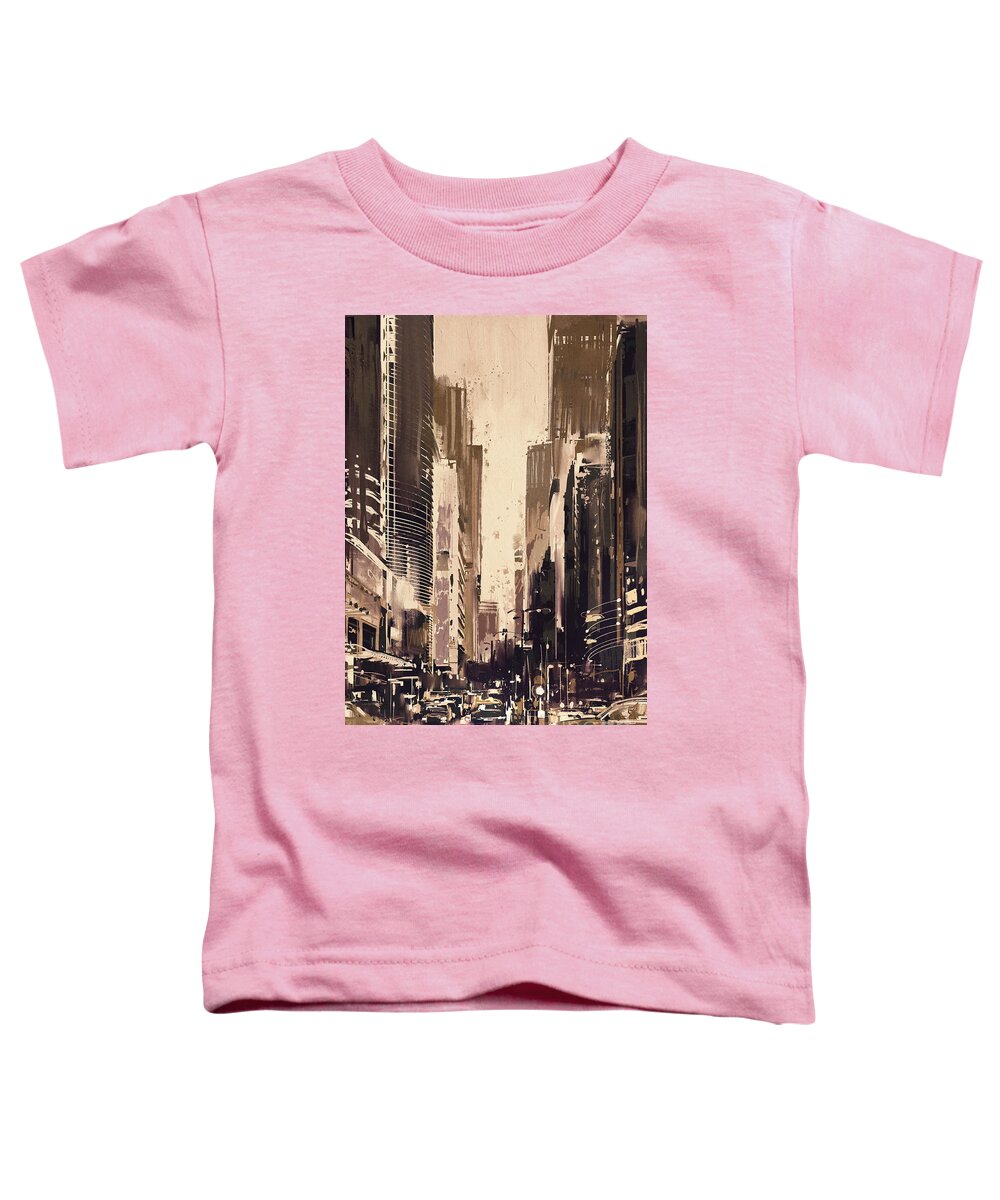 Acrylic Toddler T-Shirt featuring the painting Hong-Kong cityscape painting by Tithi Luadthong