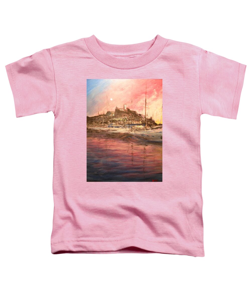 Yachts Toddler T-Shirt featuring the painting Ibiza Old Town At Sunset by Lizzy Forrester