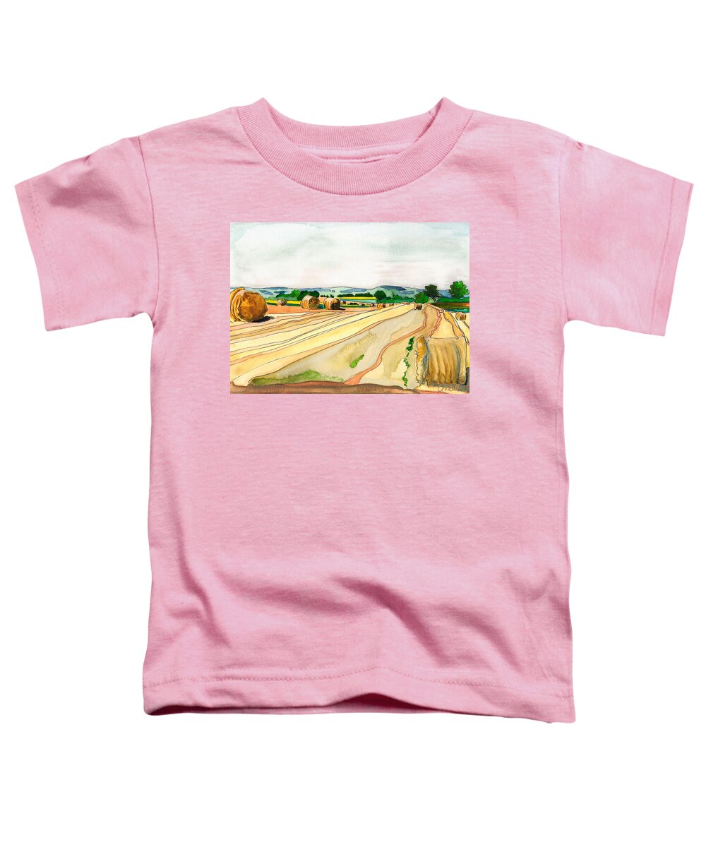 French Countryside Landscape Summer Hayfields Agricultural Patterns Paisay-le-tort  Deux-sevres  Toddler T-Shirt featuring the painting Le Fin de l'Ete, Paizay-Le-Tort by Joan Cordell