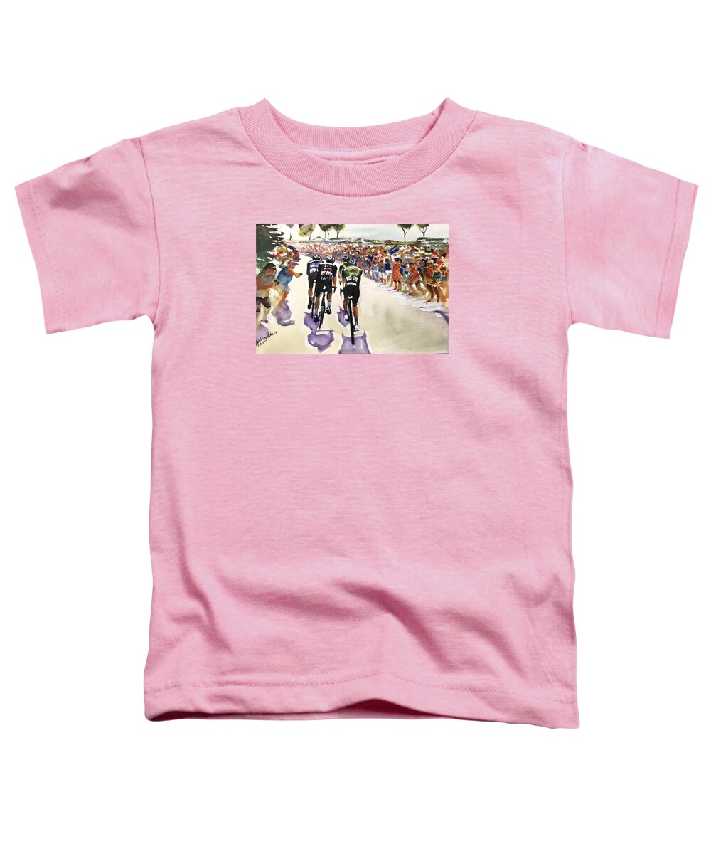 Cycling Toddler T-Shirt featuring the painting Le Tour Near the Coast by Shirley Peters
