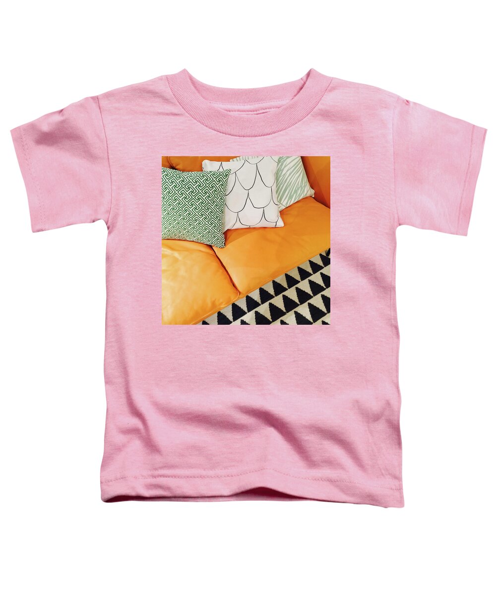 Sofa Toddler T-Shirt featuring the photograph Leather sofa with ornamental cushions by GoodMood Art