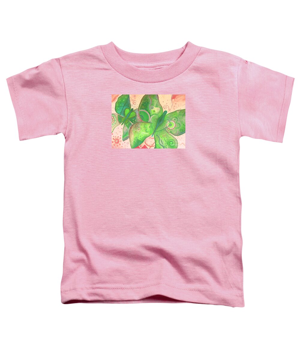 Moth Toddler T-Shirt featuring the painting Lighthearted In Green On Red by Helena Tiainen
